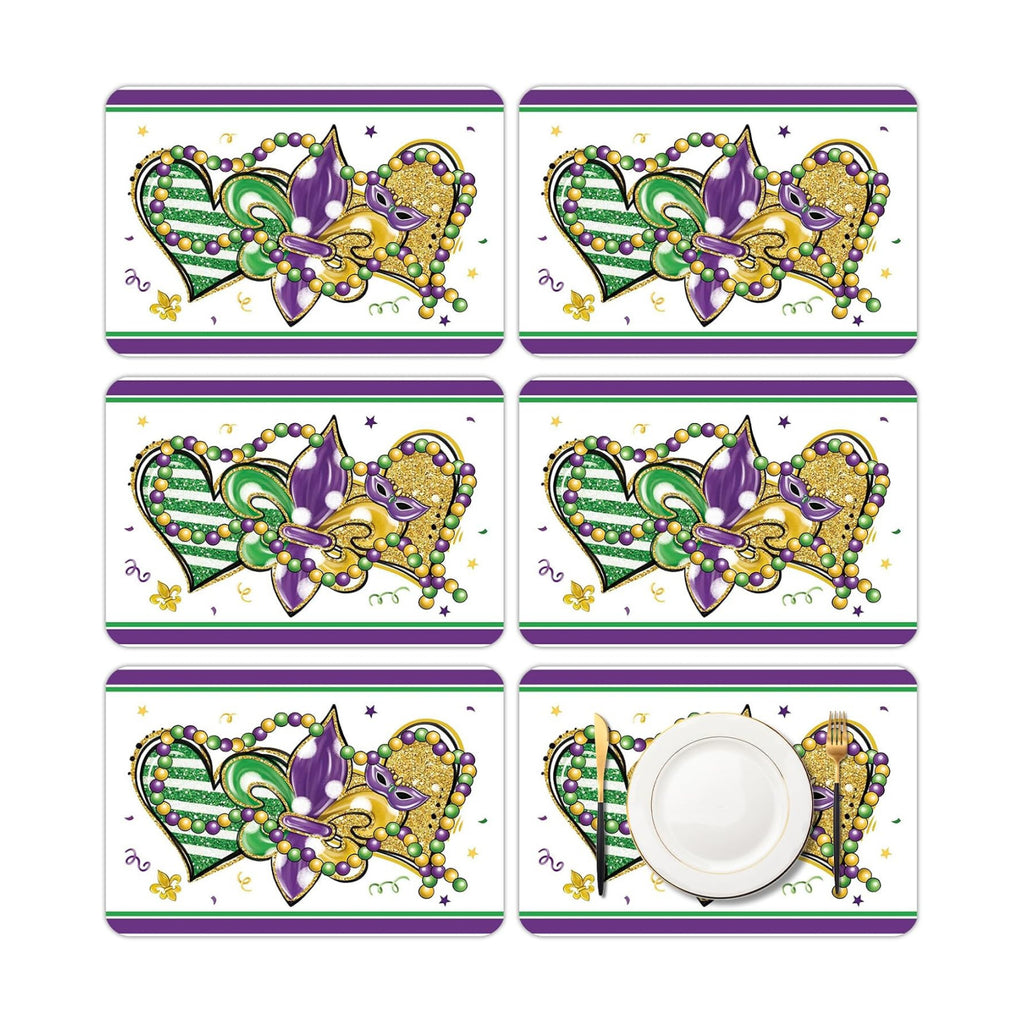 6 Set Carnival Mardi Placemats, 11x16 Inch Fleur de Lis Heart Bead Plastic Placemats Spring Holiday New Orleans Cocktail Table Mats for Carnival Masquerade Party Festival Decor