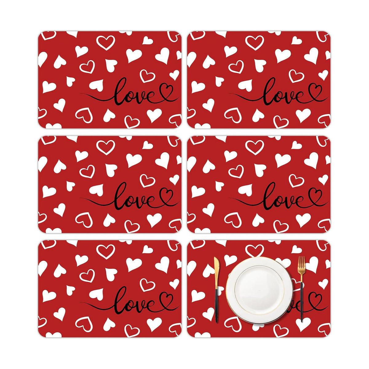6 Set Valentine's Day Placemats, 11x16 Inch Red White Heart Love Plastic Placemats Valentine's Day Spring Holiday Table Mats for Wedding Party Festival Decor