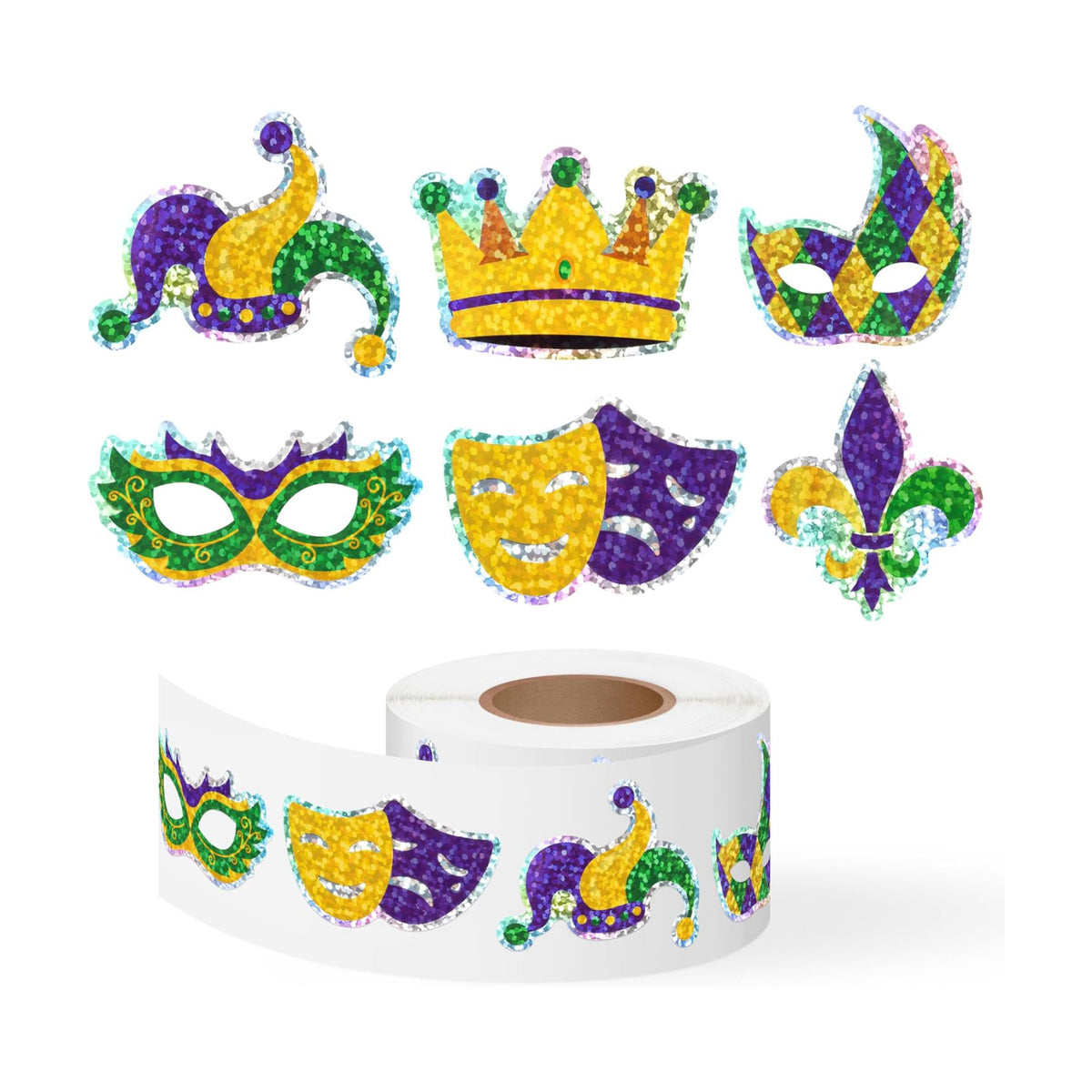 500Pcs Mardi Gras Stickers Roll Holographic Laser Yellow Green Purple Fleur de Lis Waterproof Self-Adhesive Decals for New Orleans Carnival Holiday DIY Crafts Party Favors Gifts Envelope Journal Decor