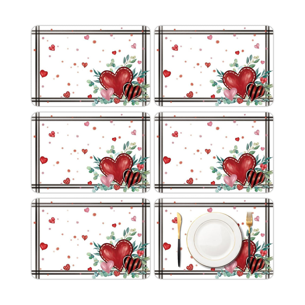 6 Set Valentine's Day Placemats, 11x16 Inch Heart Eucalyptus Leaves Branches Plastic Placemats Red Heart Branches Spring Holiday Table Mats for Wedding Party Festival Decor