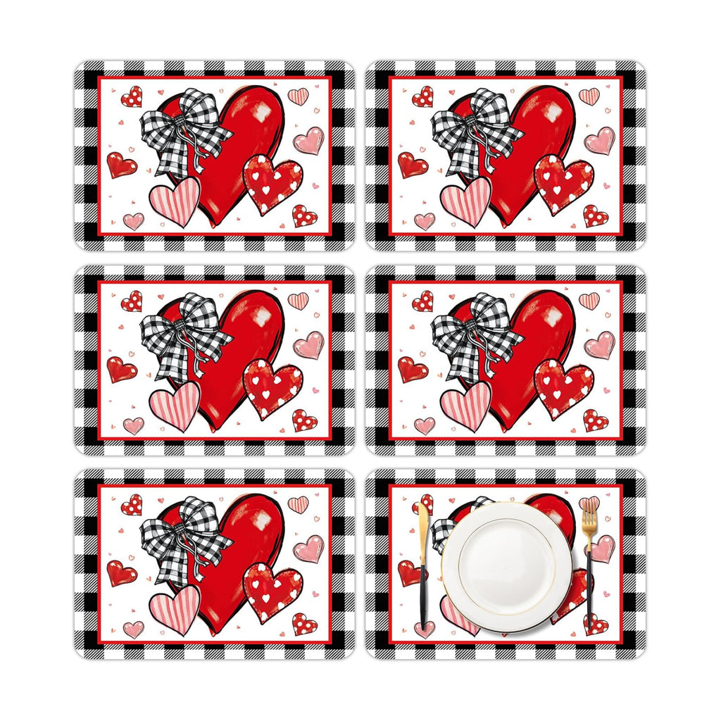 6 Set Valentine's Day Placemats, 11x16 Inch Buffalo Plaid Red Heart Plastic Placemats Seasonal Bow Tie Spring Holiday Table Mats for Wedding Party Festival Decor