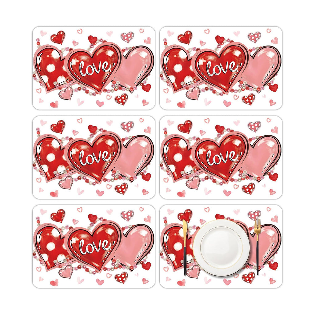 6 Set Valentine's Day Placemats, 11x16 Inch Love Heart and Bead Plastic Placemats Red Pink Hearts Spring Holiday Table Mats for Wedding Party Festival Decor