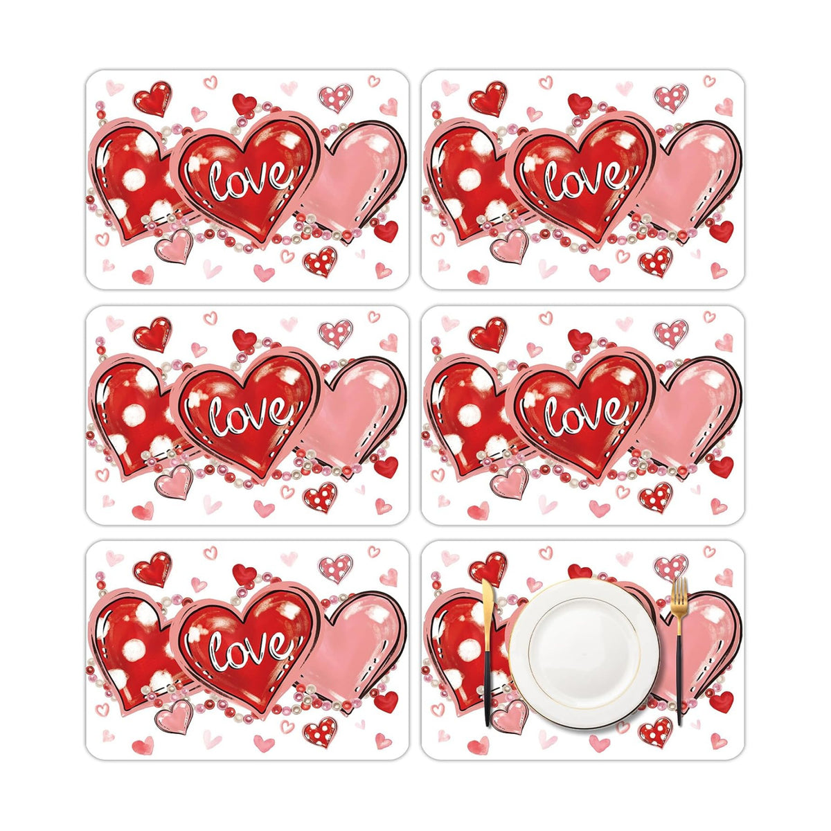 6 Set Valentine's Day Placemats, 11x16 Inch Love Heart and Bead Plastic Placemats Red Pink Hearts Spring Holiday Table Mats for Wedding Party Festival Decor