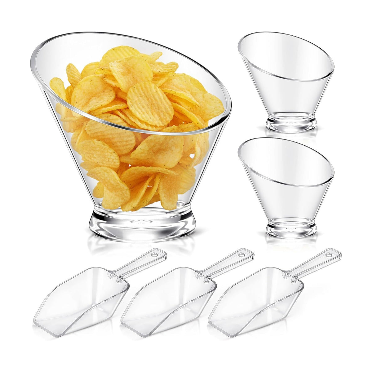 LemonRoad 6 Pcs Clear Plastic Serving Bowls with Scoops, Candy Bowls for Party Table, Disposable Angled Buffet Containers Dishes for Salad Fruit Snacks Appetizer Bar Catering Supplies(12oz)
