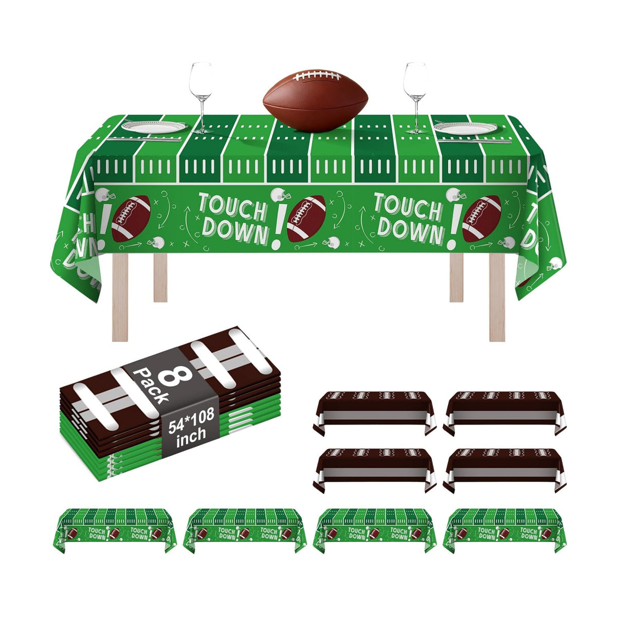 8 Pack Football Plastic Tablecloth 54" x 108" Disposable Table Cloths Football Touchdown include 4 Green and 4 Brown Table Cover for Parties Decorations Supplies (Football Green＆Brown, Rectangle)