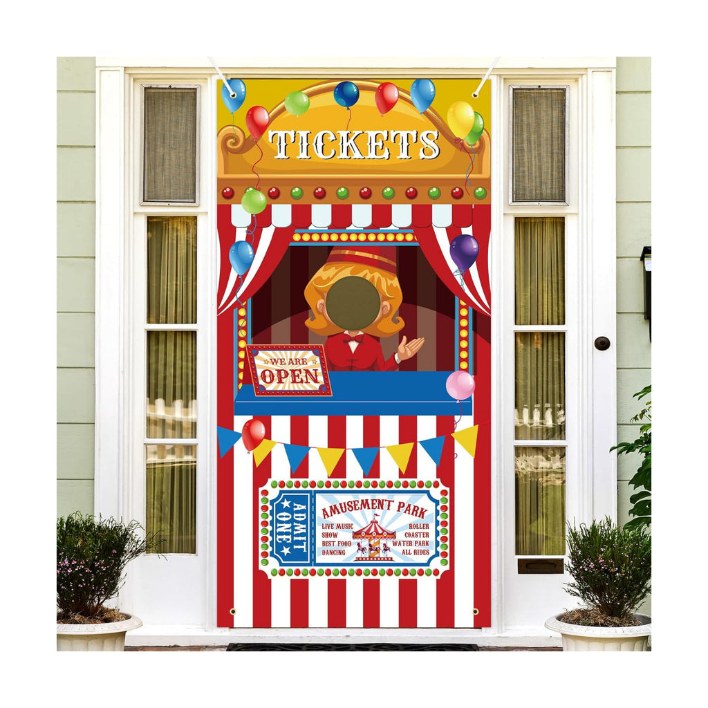 73 x 36 Inches Carnival Ticket Booth Banner Door Cover – Amusement Park Photo Booth Backdrop with Balloons, Striped Tent and “We Are Open” Sign, Movie Theater Theme Party Decorations for Kids Birthday