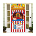 73 x 36 Inches Carnival Ticket Booth Banner Door Cover – Amusement Park Photo Booth Backdrop with Balloons, Striped Tent and “We Are Open” Sign, Movie Theater Theme Party Decorations for Kids Birthday