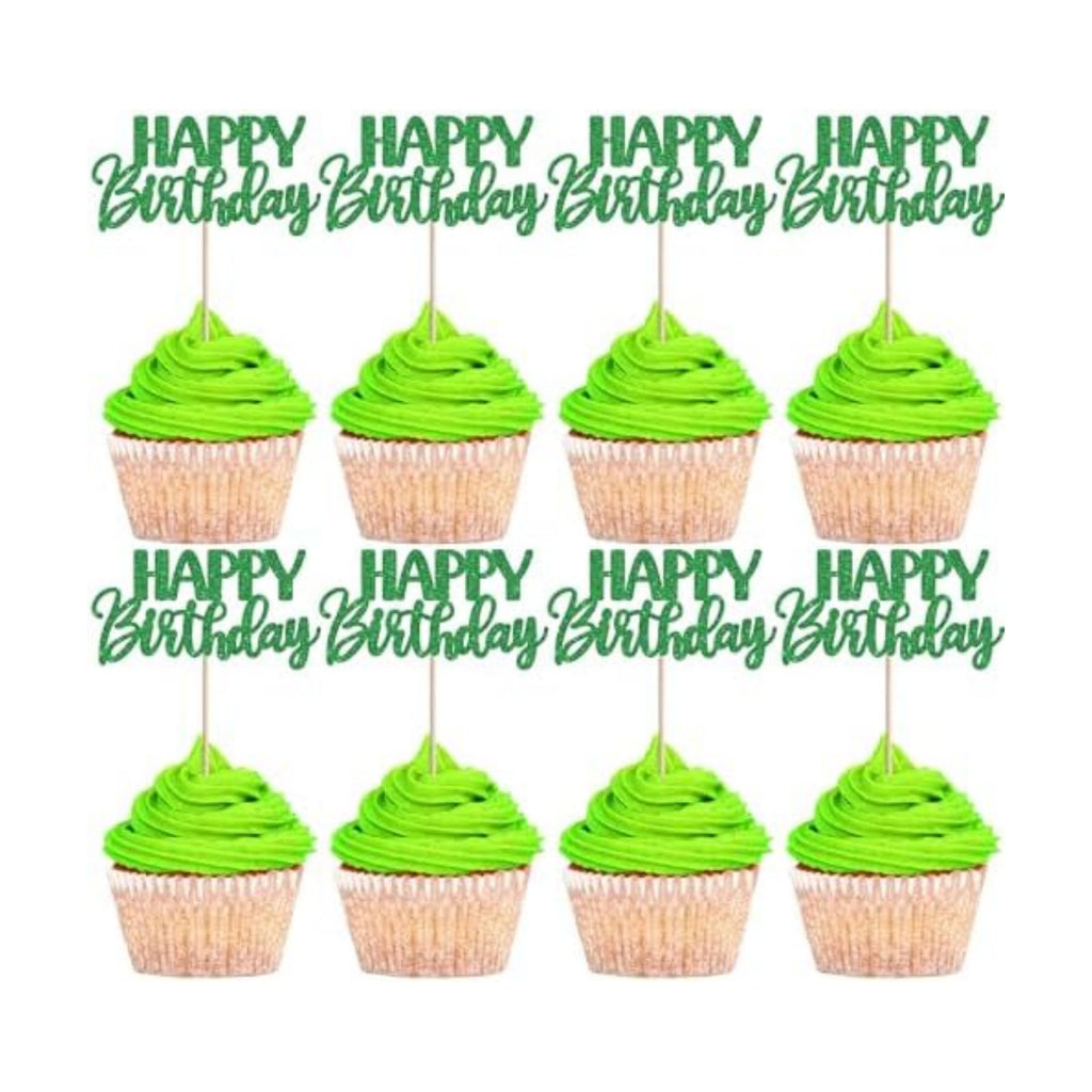 30 PCS Happy Birthday Cupcake Toppers Glitter Happy Birthday Cupcake Picks for Celebrating Anniversary Theme Christmas Party Cake Decorations Supplies Green
