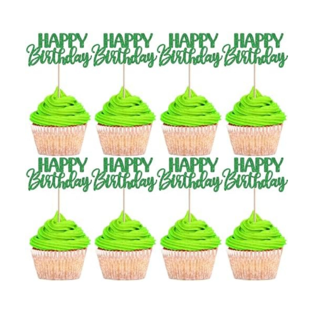 30 PCS Happy Birthday Cupcake Toppers Glitter Happy Birthday Cupcake Picks for Celebrating Anniversary Theme Christmas Party Cake Decorations Supplies Green