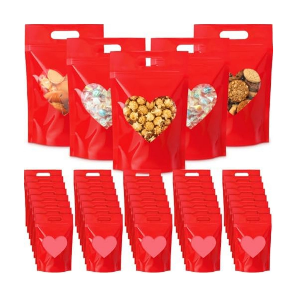 Engrowtic 100 Pcs Red Heart Treat Bags Resealable Red Zipper Bag with Heart Shaped Windows Plastic Gift Goodie Bags with Handles for Wedding Party Favor Supplies