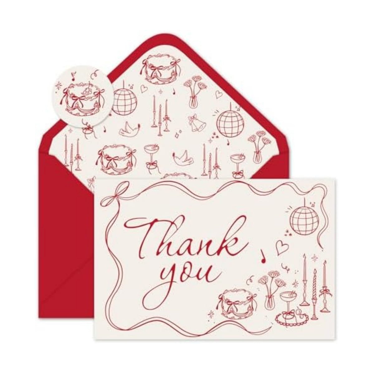 Whaline 24 Pack Wedding Thank You Cards Vintage Red Bow Cake Thank You Blank Note Card Greeting Cards with Envelope Sticker for Bridal Shower