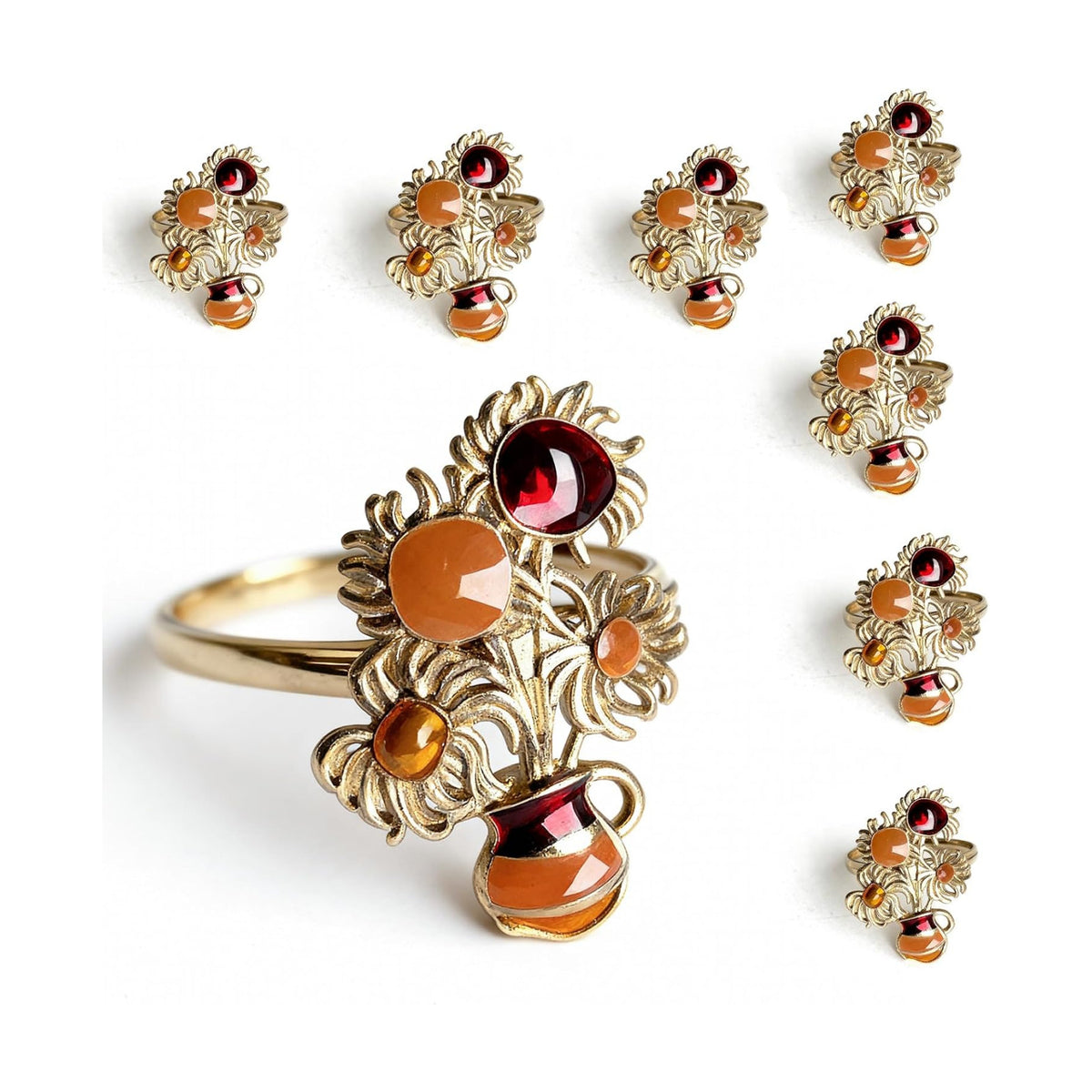 Alloy Enamel Floral Napkin Rings (8-Set Pack) - Plate-Matched Dinner Napkin Holder & Festive Tabletop Topper for Holiday Place Settings