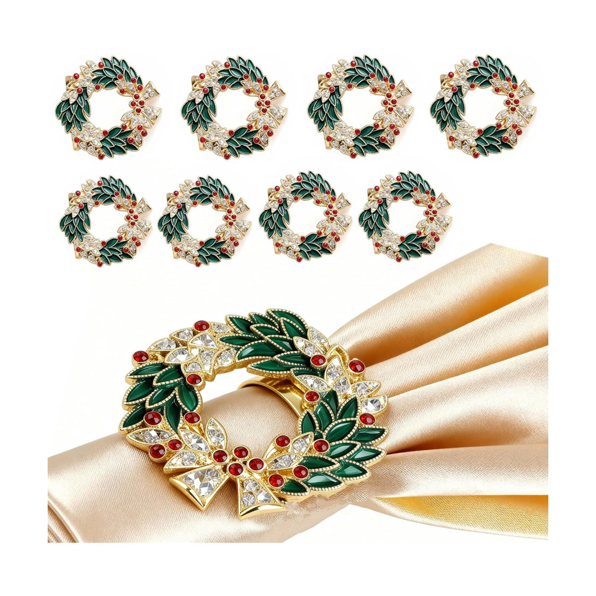 Alloy Enamel Wreath Napkin Rings (4-Set Pack) - Dinner Napkin Holders & Festive Tabletop Topper for Holiday Place Settings