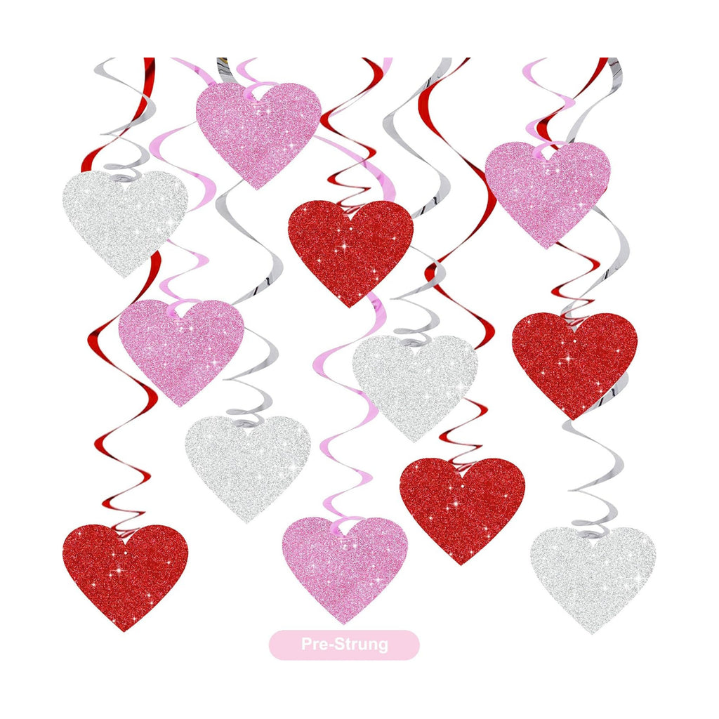 BEISHIDA Happy Valentine's Day Pre-Strung Hanging Swirls Valentine's Decorations Red Pink Silver Glitter Heart Hanging Decorations for Mother's Day Wedding Anniversary Proposal Party Supplies 15Pcs