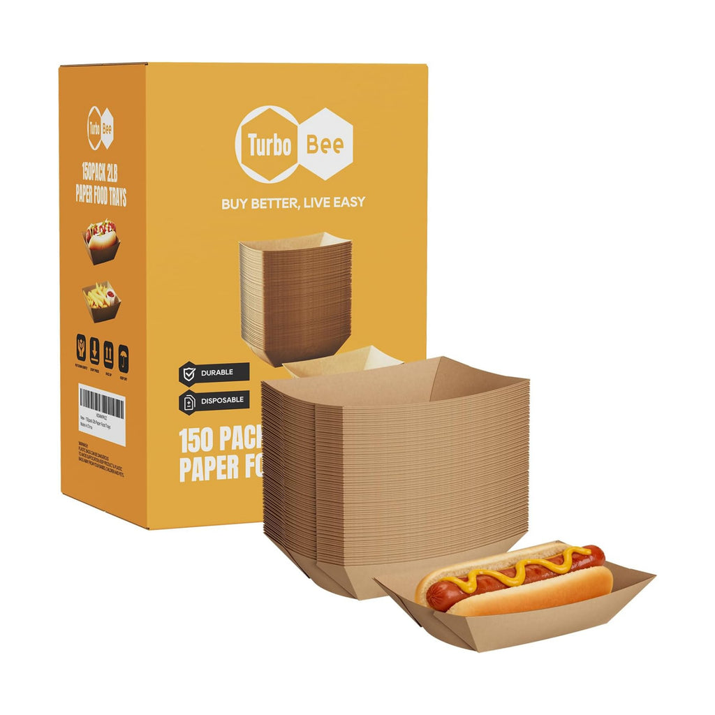 Disposable Paper Food Trays 2lb, 150 Pack Brown Paper Boats - Heavy Duty Holders for French Fries, Nachos, Hot Dogs, Tacos, Popcorn - Grease Resistant Snack Boats for Food Trucks, Parties, Delivery