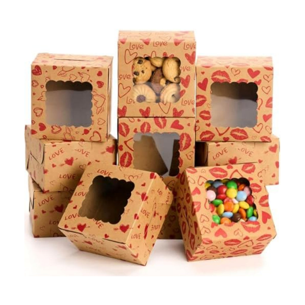 LemonRoad 24 Pcs Mother's Day Kraft Cookie Boxes with Window 4x4x2.5 Inches Heart Love Treat Boxes Cupcake Containers for Candy Pastries Doughnut Brownies Truffles Gift Wrap Wedding Party Supplies