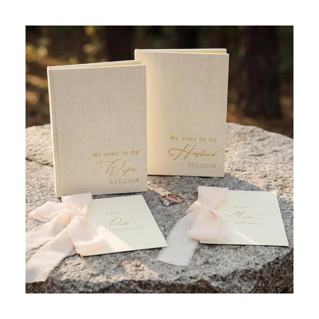 LITIVY 2026 Wedding Vow Books Set 2 Vow Books & 2 Wedding Day Cards for Parents with Gold Foil Dot Grid Pages His and Hers Gifts Wedding Registry Must Haves (Beige, 5.23” x 7”)