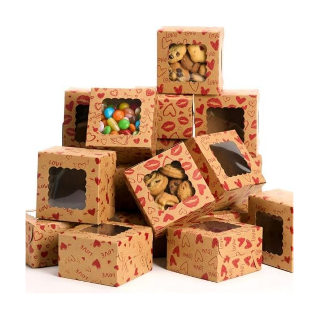LemonRoad 48 Pcs Heart Kraft Cookie Boxes with Window 4x4x2.5 Inches Love Treat Boxes Containers for Trick or Treaters Candy Pastries Doughnut Brownies Truffles Gift Wrap Wedding Party Supplies