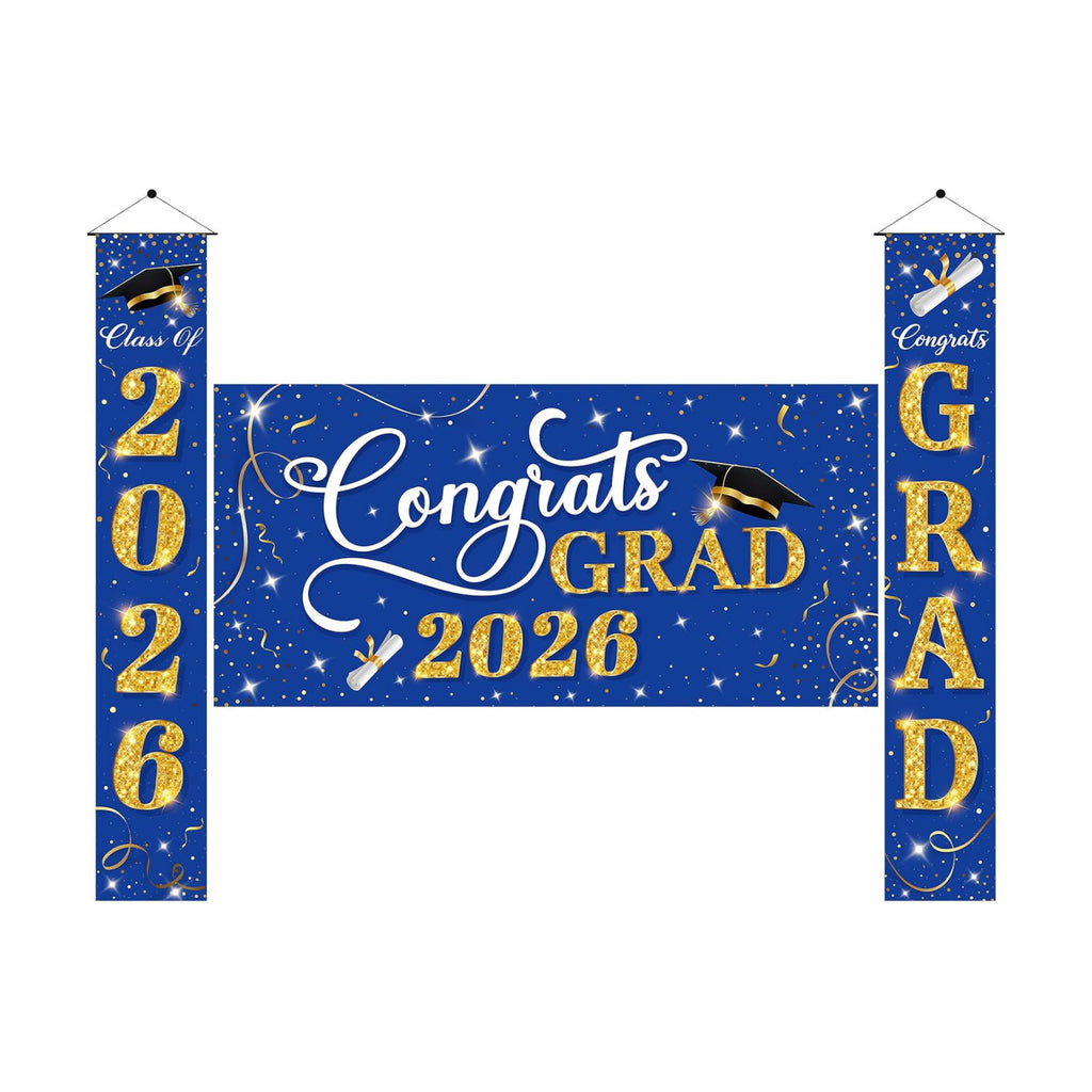 Class of 2026 Graduation Decorations, 3 Pcs Blue Gold Congrats Grad Banner and Backdrop Set with 1 Photo Backdrop and 2 Hanging Banners for Indoor Outdoor Party Decor