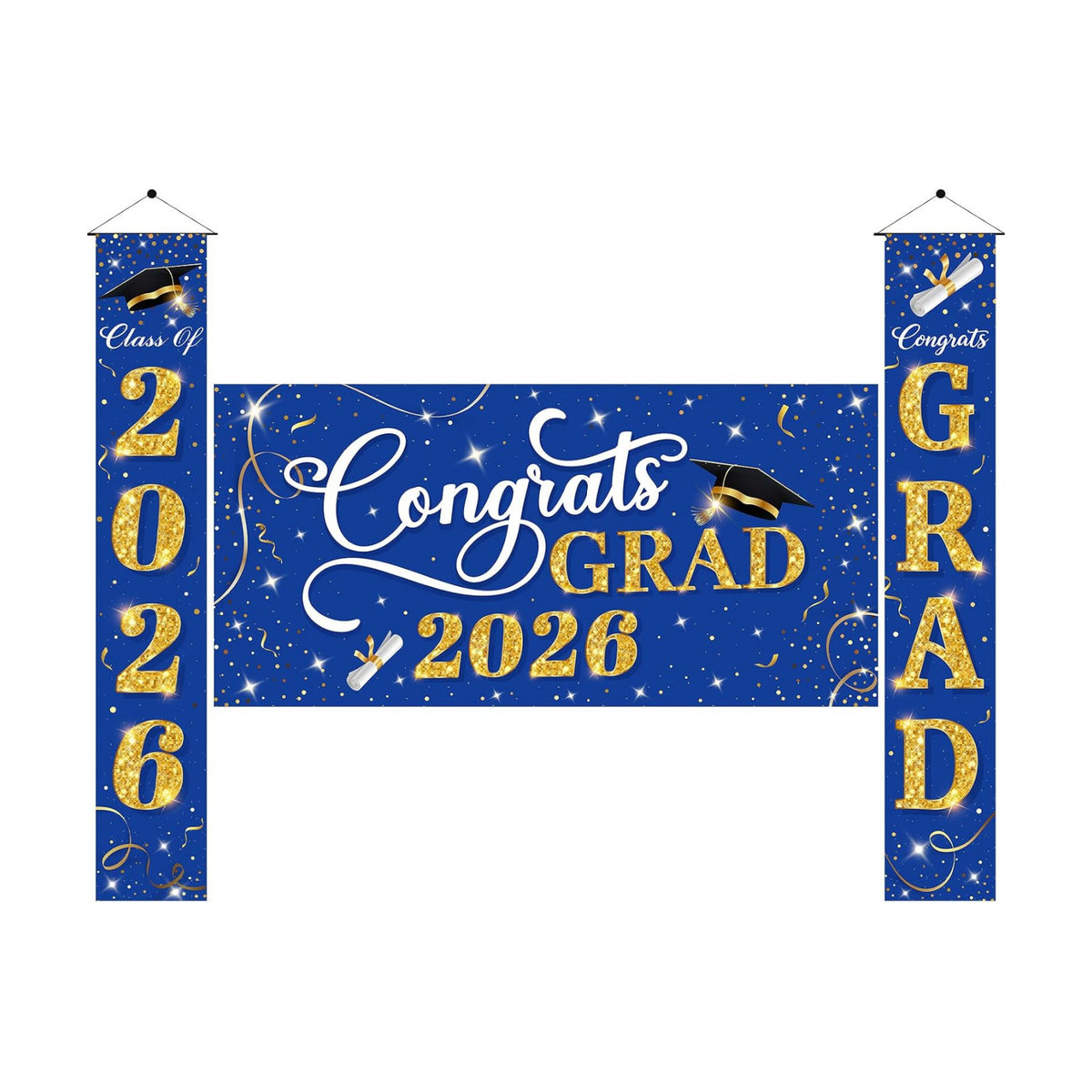 Class of 2026 Graduation Decorations, 3 Pcs Blue Gold Congrats Grad Banner and Backdrop Set with 1 Photo Backdrop and 2 Hanging Banners for Indoor Outdoor Party Decor