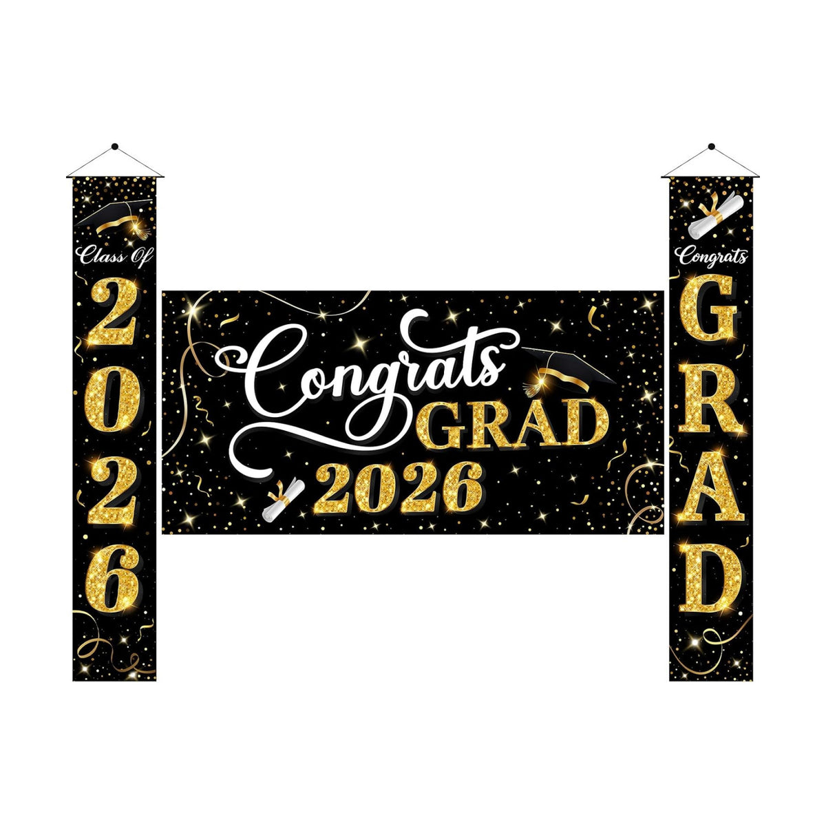 Class of 2026 Graduation Decorations, 3 Pcs Black Gold Congrats Grad Banner and Backdrop Set with 1 Photo Backdrop and 2 Hanging Banners for Indoor Outdoor Party Decor