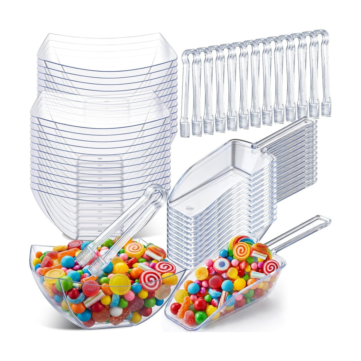 Vesici 48 Pcs 8 oz Clear Plastic Candy Bowls 24 Pcs with 12 Scoops and 12 Tongs Square Dessert Candy Bowl Buffet Containers Disposable Party Ice Cream Salad Dish for Serving Food Appetizers Supplies