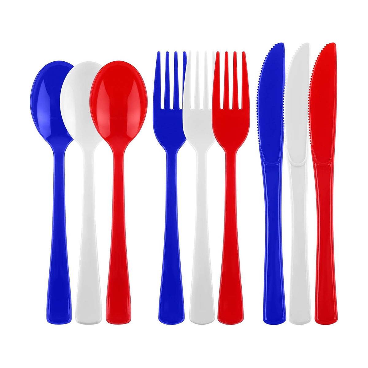 Kochorie 300 Pieces 4th of July Plastic Silverware, Heavy Duty Independence Day Cutlery Set, Disposable Plastic Utensils Includes Spoons Forks Knives for Memorial Day Veterans Day, Red Blue White