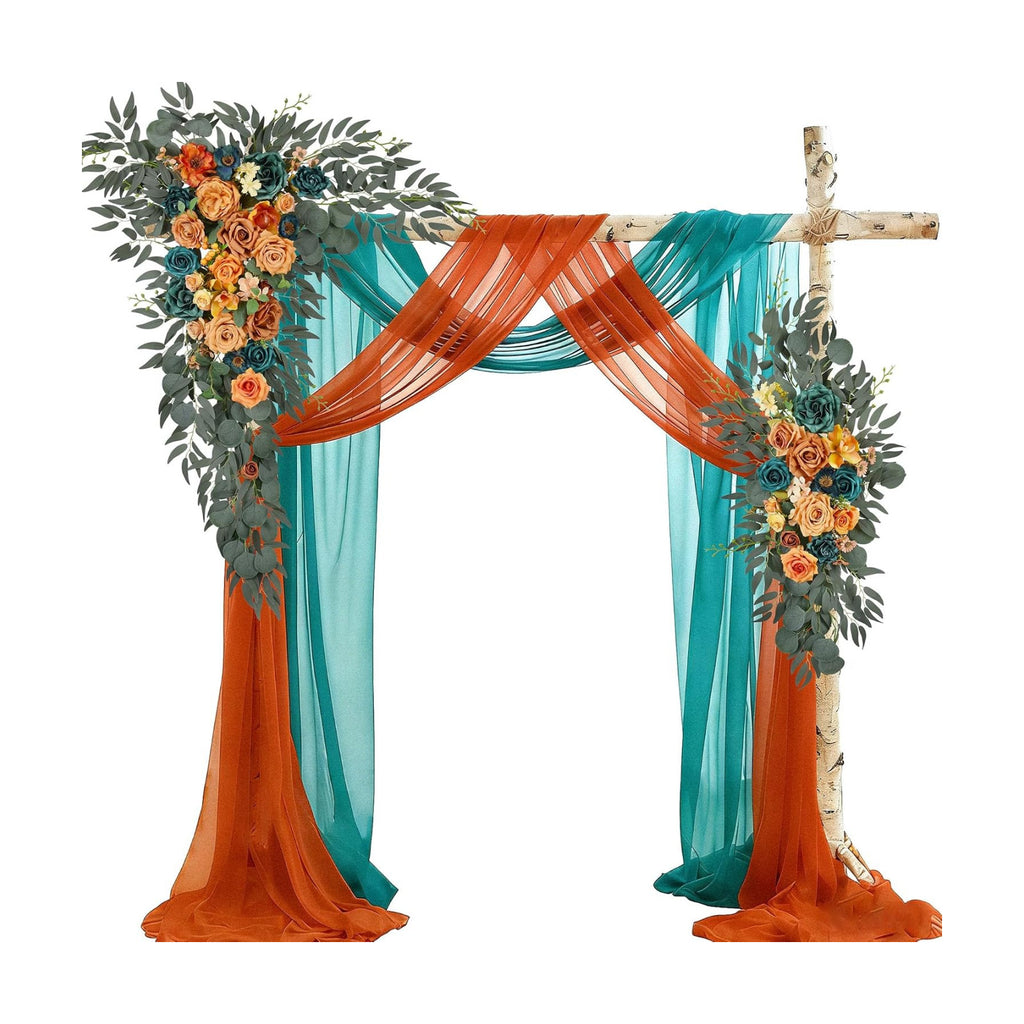 Wedding Arch Flowers with Drapes Kit (Pack of 4) - 2pcs Artificial Teal Orange Fall Deluxe Swag with 2pcs Sheer Drapes for Wedding Ceremony Arbor Reception Backdrop Rose Floral Decoration