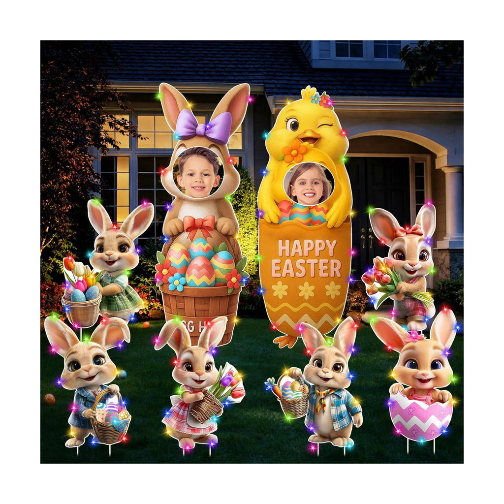 Bucherry 8 Pcs Lighted Easter Yard Signs with Stakes, LED String Lights & Face Hole Photo Booth Props, Waterproof Bunny Chick Lawn Decorations for Outside Spring Garden Egg Hunt Party Decor