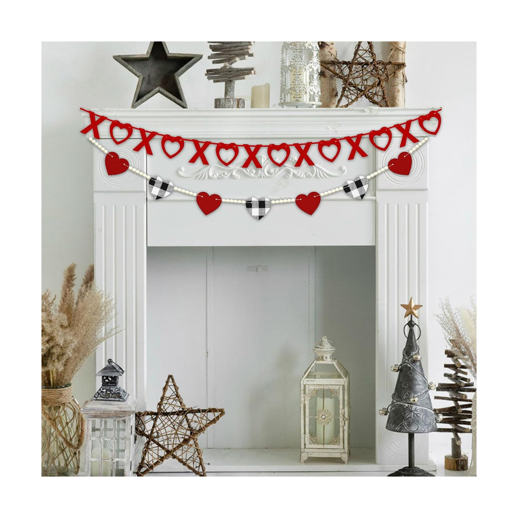 Valentine's Decoration, Red Black White Buffalo Plaid Heart Felt Wooden Bead Garland for Tiered Tray Hanging XOXO Felt Banner for Home Farmhouse Office Wall Fireplace Mantel Shelf Wedding Decor, 4.6Ft