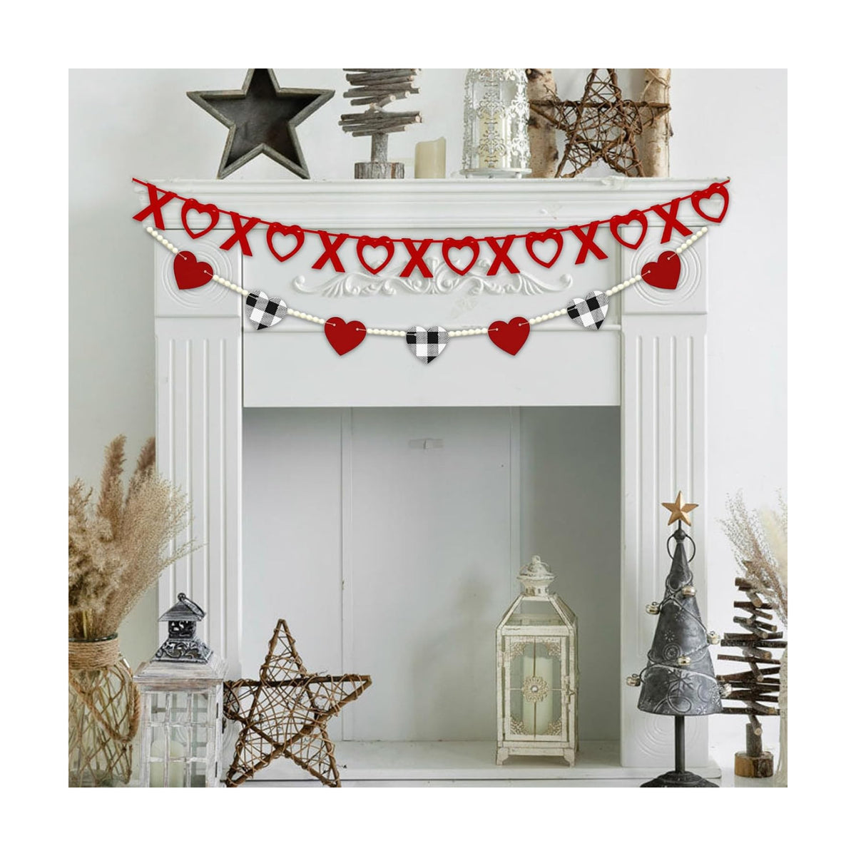 Valentine's Decoration, Red Black White Buffalo Plaid Heart Felt Wooden Bead Garland for Tiered Tray Hanging XOXO Felt Banner for Home Farmhouse Office Wall Fireplace Mantel Shelf Wedding Decor, 4.6Ft