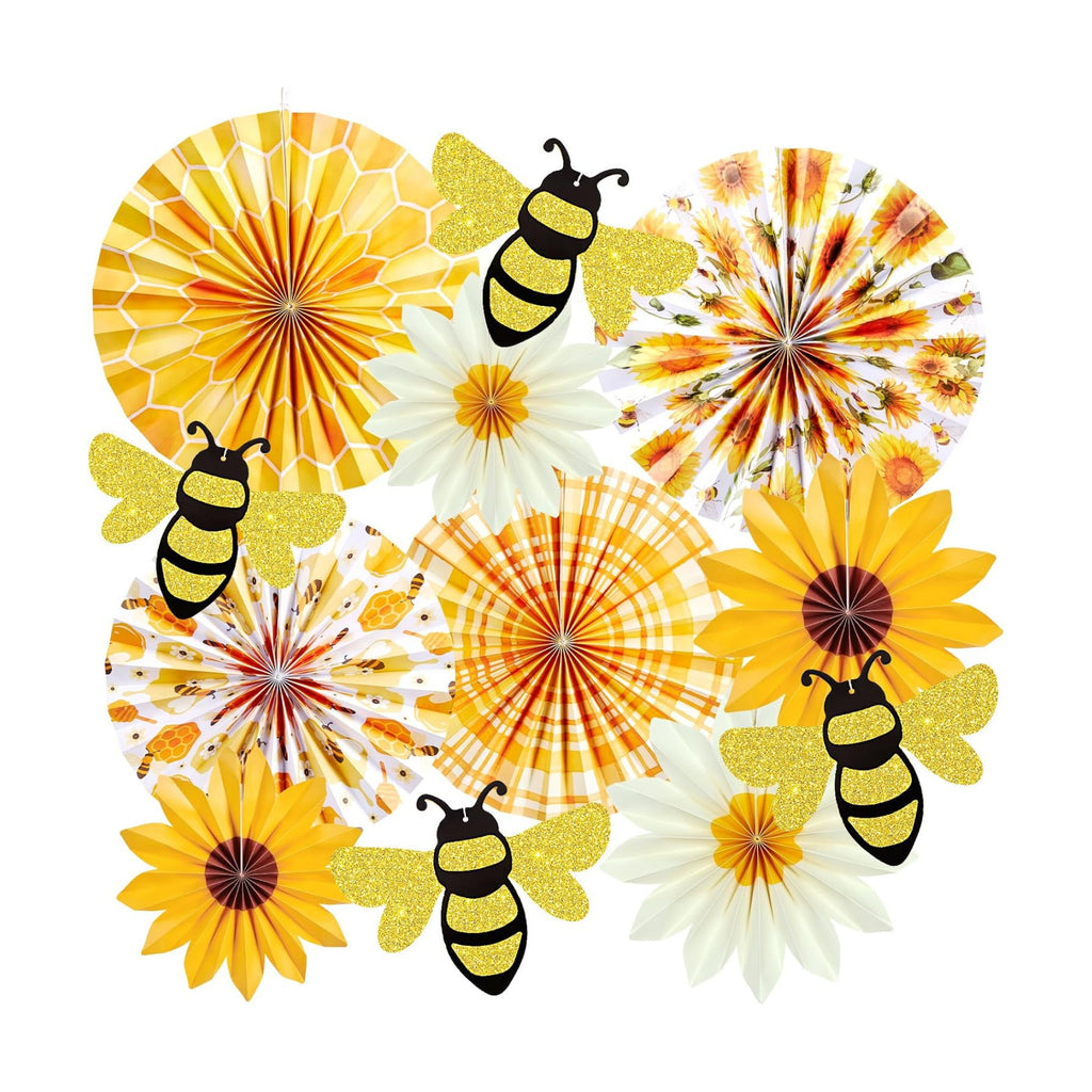 SUNBEAUTY Sunflower Party Decorations Sunflower Birthday Paper Fan Decorations with Bees Yellow White Sun Flower Wall Hanging for Baby Shower Summer Garden Party Classroom Bulletin Board Decoration
