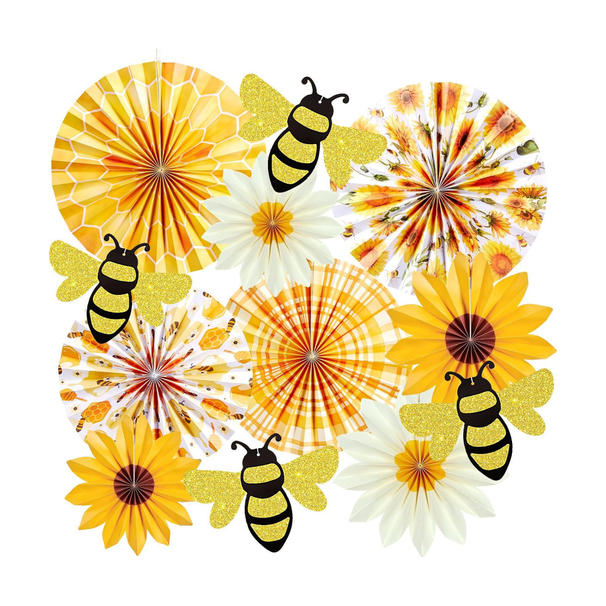 SUNBEAUTY Sunflower Party Decorations Sunflower Birthday Paper Fan Decorations with Bees Yellow White Sun Flower Wall Hanging for Baby Shower Summer Garden Party Classroom Bulletin Board Decoration