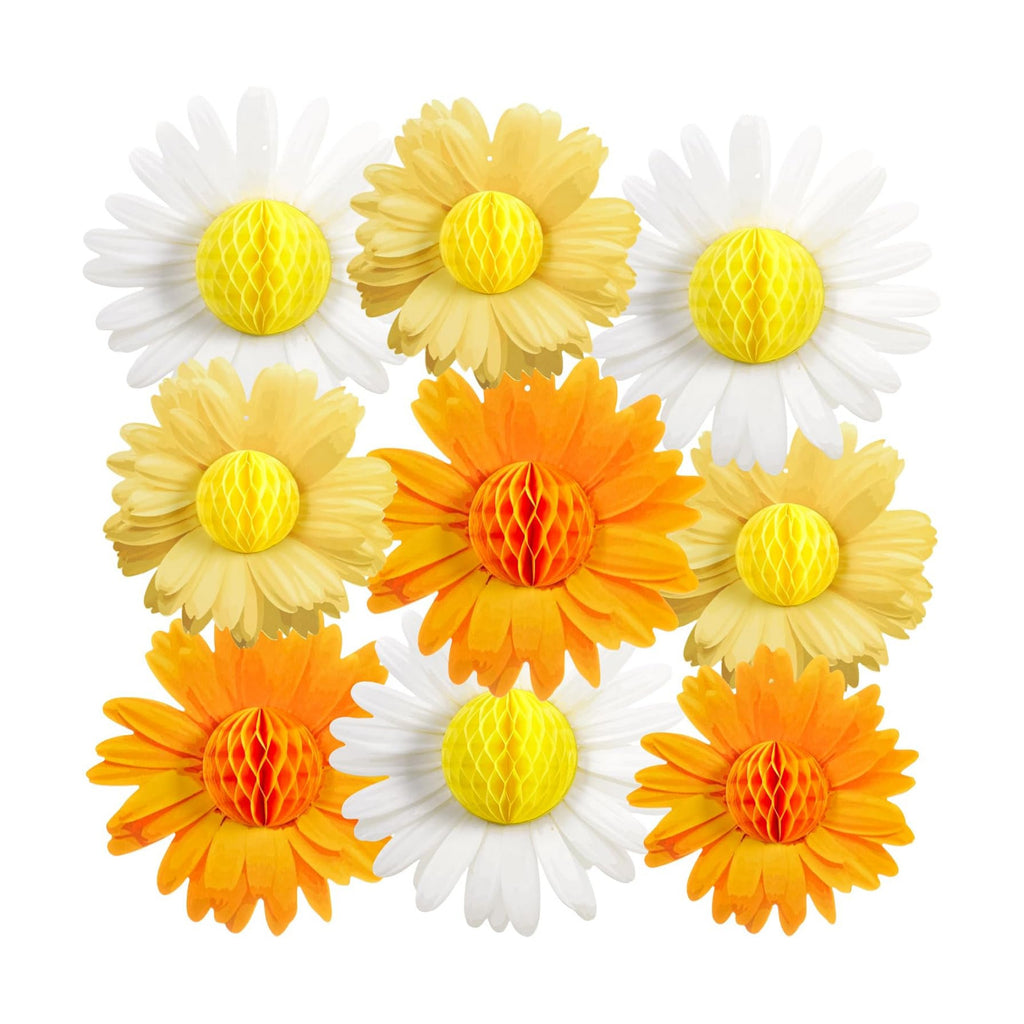 Paper Jazz 9pcs Daisy Paper Flower Decorations, White Yellow Orange Honeycomb Hanging Decor, Spring Party Celling Sign Boho Happy Birthday Supplies for Garden Classroom Baby Shower Birthday Party