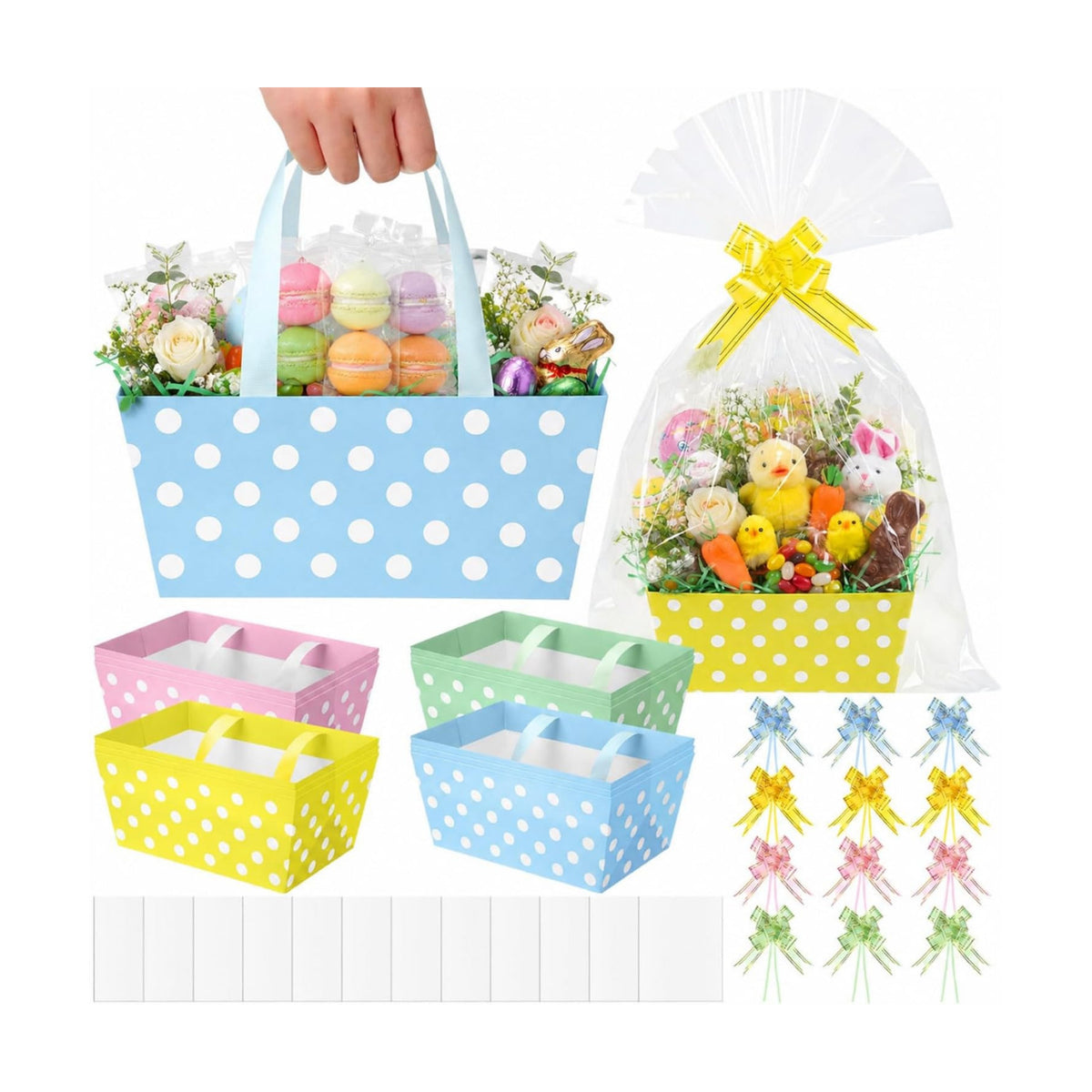 Moinchore 12 Set Pastel Polka Dot Basket for Gifts Empty 9.8x6.5'' Cute Macarons Market Tray Cardboard with Bows, Cellophane Bags, Twist Tiles, Empty to Fill for Summer Wedding Holiday Party Supplies