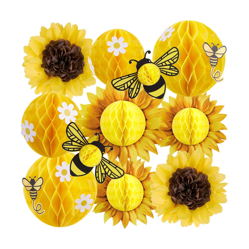 Paper Jazz Sunflower Party Honeycomb Decoration Bee Decorations with Yellow Paper Flower，Tissue Paper Sun Flower Hanging Birthday Decor for Classroom Wall Baby Shower Garden Party Bulletin Board