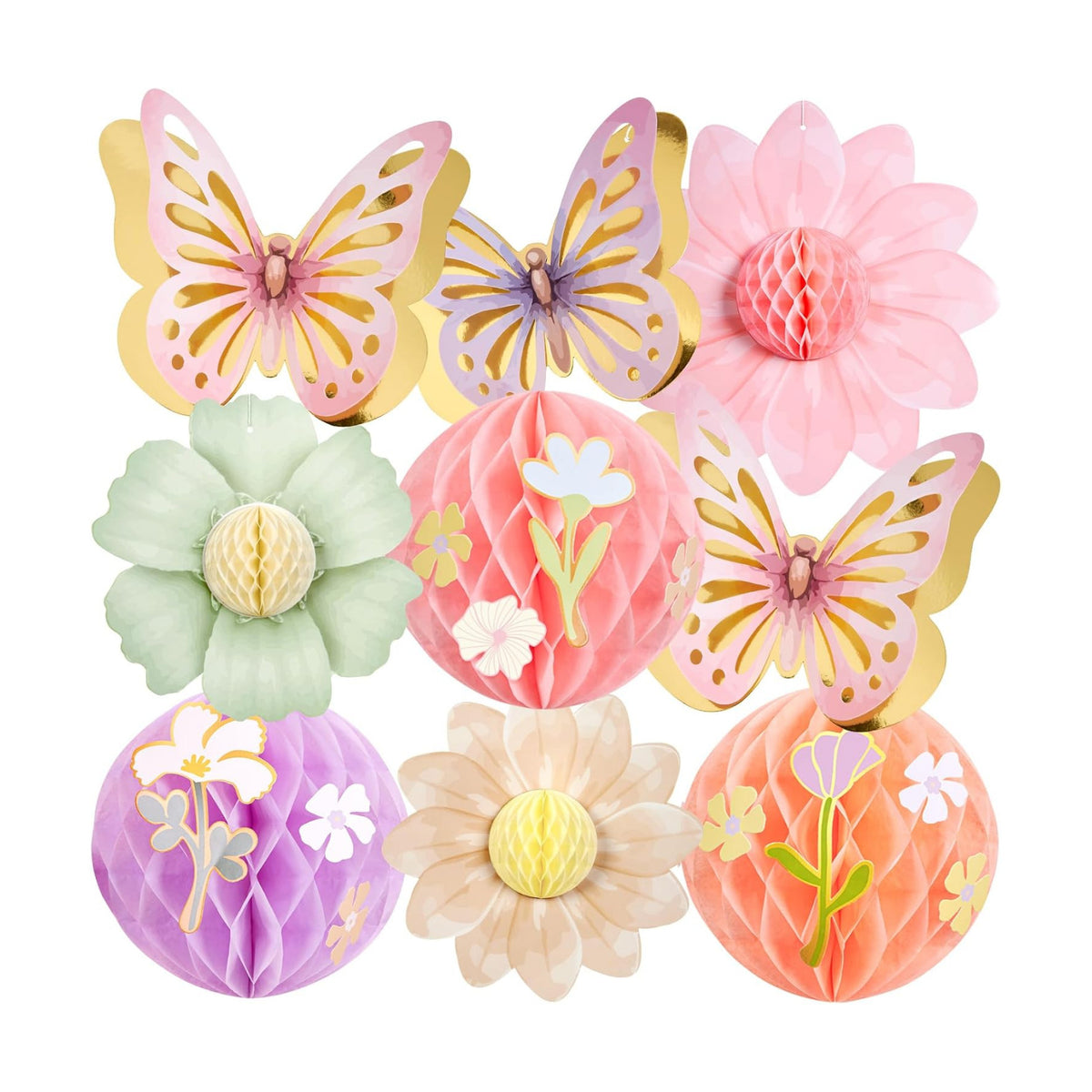 Paper Jazz Pastel Butterfly Decorations Hanging Paper Flowers Honeycomb Birthday for Fairy Party,Spring Theme Decor for Wildflower First Birthday,Tea,Garden Party,Classroom,Bulletin Board