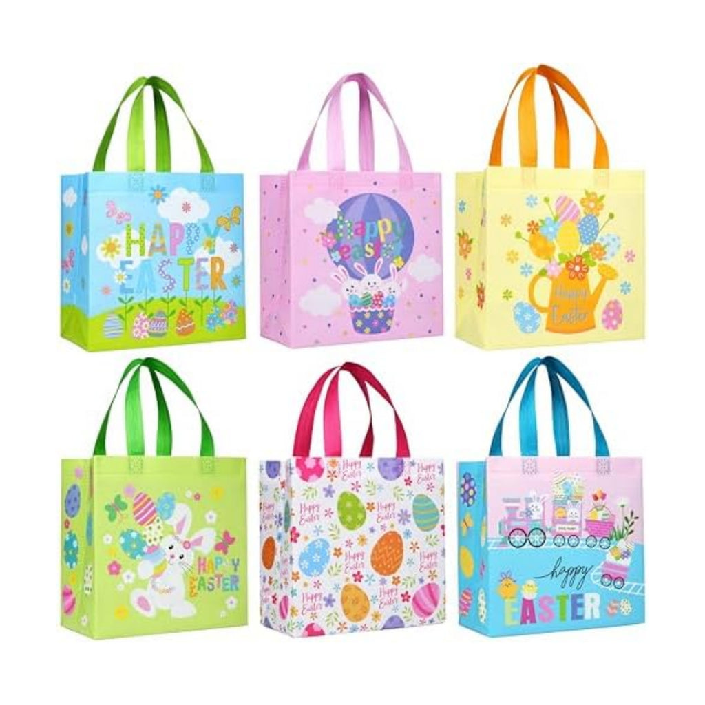 SUNCOLOR Easter Gift Bags, 6 Pack Non-Woven Tote Bags with Bunny Design, 9x9x4.7 Inch, Reusable Party Supplies for Kids Egg Hunt Games