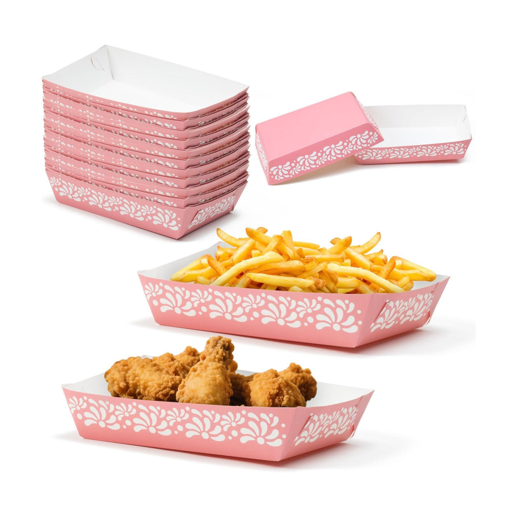 Mexican Taco Nights Food Trays - 50P Cielito Lindo Pink Flower Unassembled Taco Nights Food Trays Nacho Snack Candy Holder Disposable Paper Plates Carnival Party Supplies Food Containers