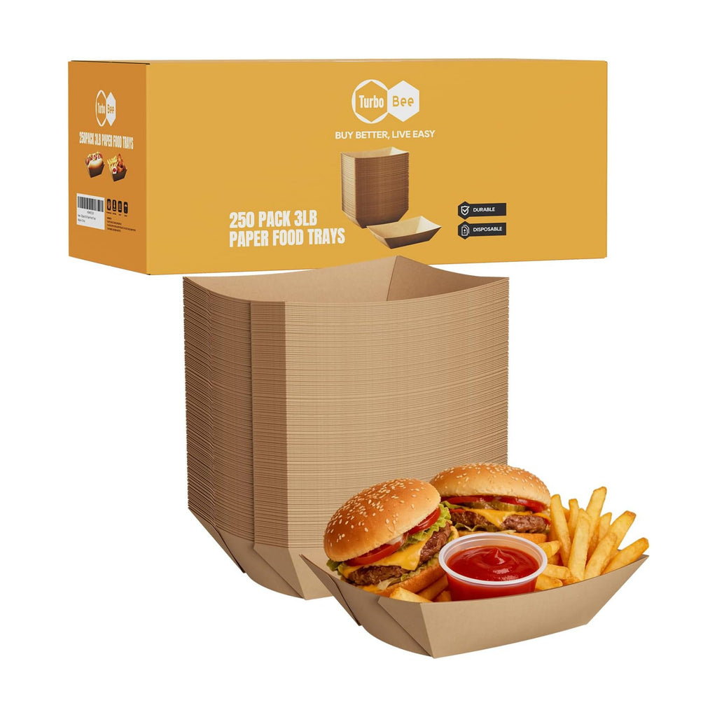 Disposable Paper Food Trays 3lb, 250 Pack Large Brown Paper Boats - Heavy Duty for Large Nachos, BBQ Ribs, Family Fries, Tacos - Ideal for Party Hosts, Sports Fans, Carnivals