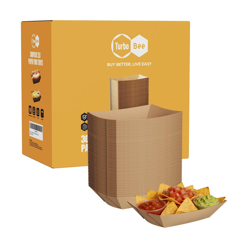 Disposable Paper Food Trays 2lb, 300 Pack Bulk Brown Paper Boats - Heavy Duty Serving Trays for Fries, Tacos, Popcorn, Hot Dogs - Great for QSR Managers, Busy Families, Events
