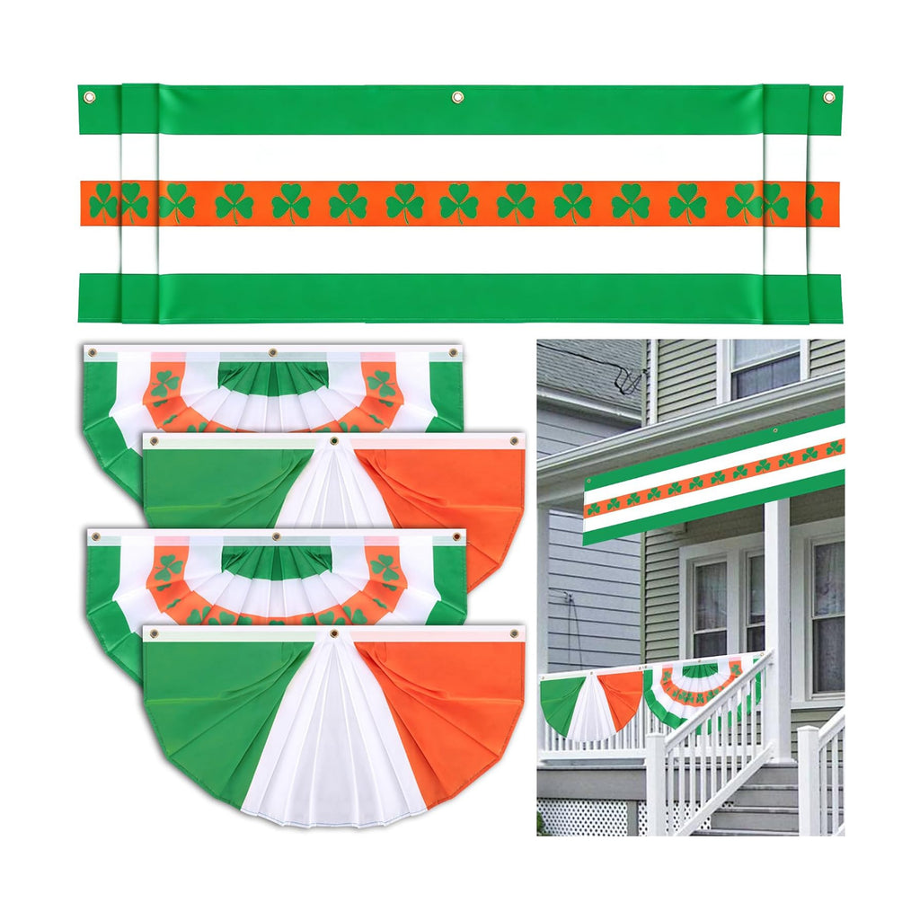 EBaokuup 5 Pcs St. Patrick's Day Flag Bunting Set, St Patricks Day Large Long Hanging Banner with Fan Flags, Irish Shamrock Bunting Flag for Garden Patio Parade Party Decor