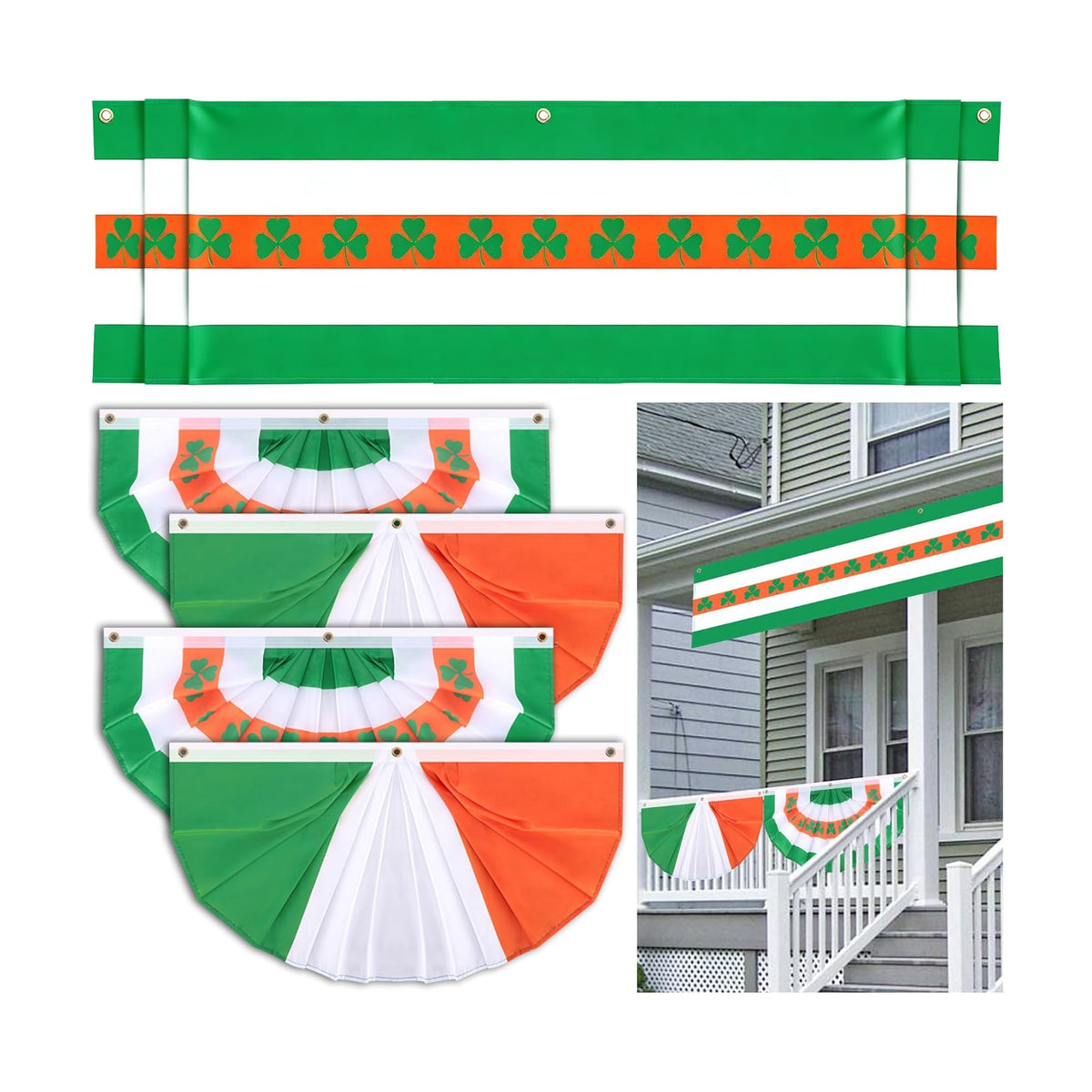 EBaokuup 5 Pcs St. Patrick's Day Flag Bunting Set, St Patricks Day Large Long Hanging Banner with Fan Flags, Irish Shamrock Bunting Flag for Garden Patio Parade Party Decor