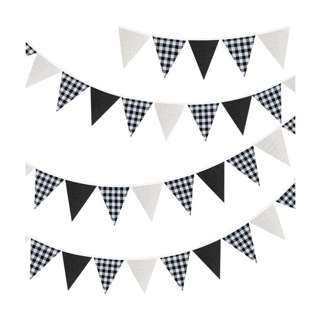 G2PLUS Black and White Gingham Fabric Bunting Banner, 32Ft Cotton Burlap Triangle Garland for Soccer Party, Game Day, Racing Car Party, Birthday, Graduation & Outdoor Decorations