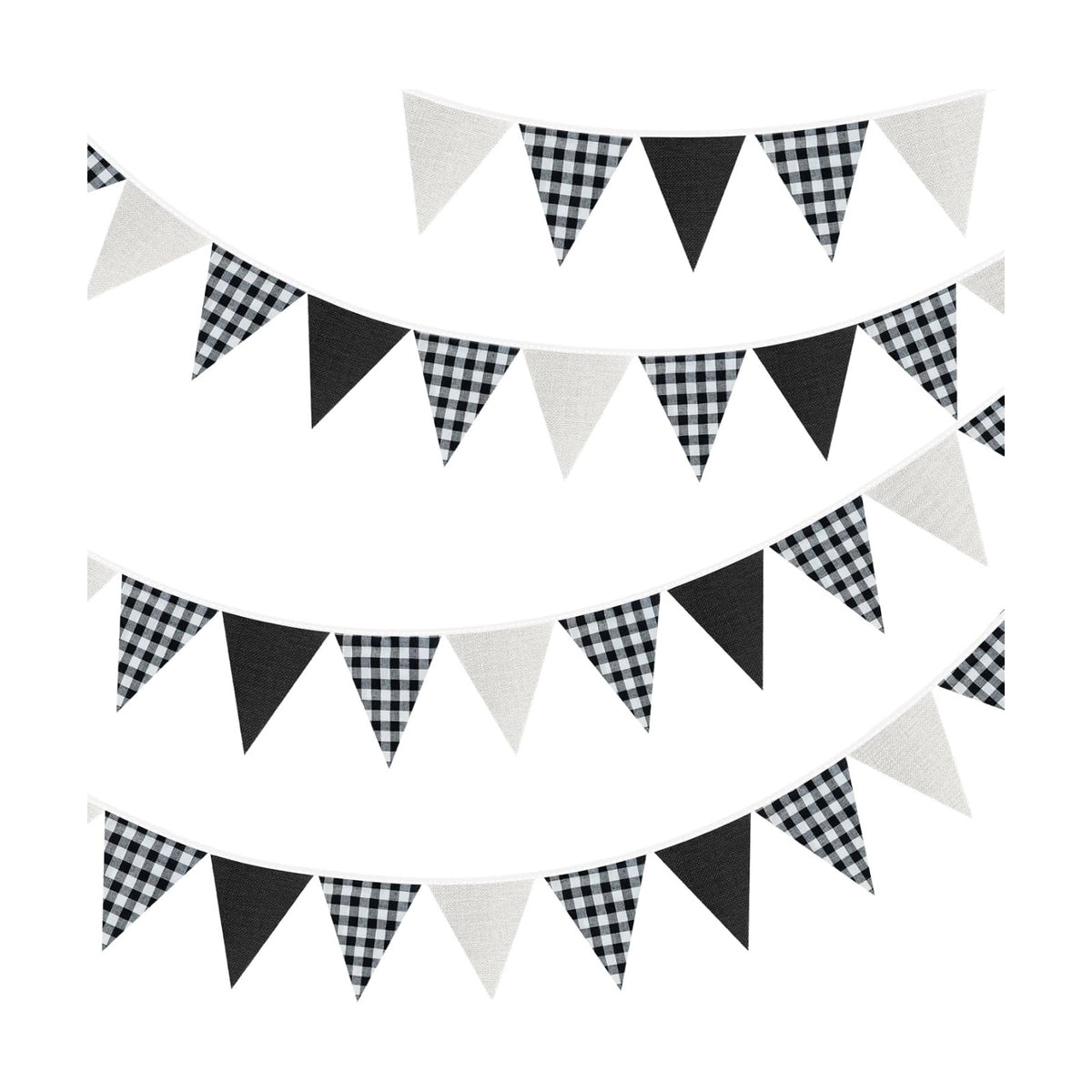G2PLUS Black and White Gingham Fabric Bunting Banner, 32Ft Cotton Burlap Triangle Garland for Soccer Party, Game Day, Racing Car Party, Birthday, Graduation & Outdoor Decorations