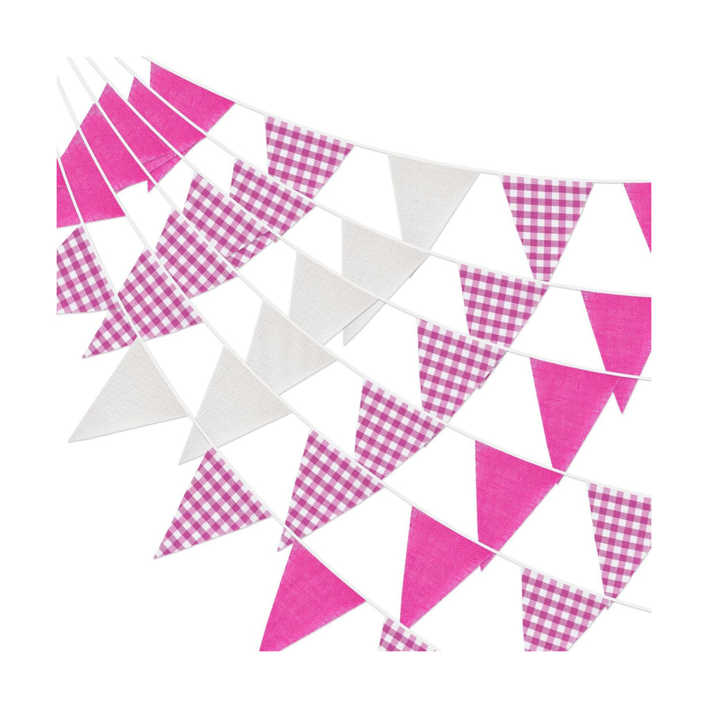 G2PLUS Pink and White Gingham Fabric Bunting Banner, 32Ft Cotton Burlap Triangle Garland for Mother’s Day, Wedding, Birthday, Carnival, Picnic, BBQ & Outdoor Events