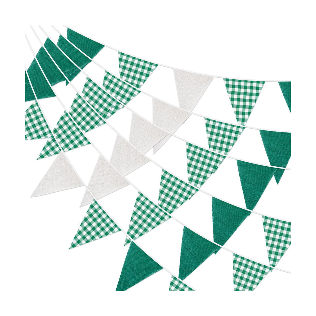 G2PLUS Green and White Gingham Fabric Bunting Banner, 32Ft Cotton Burlap Triangle Garland for Xmas, Wedding Décor, Birthday, Picnic, BBQ, Golf Party & Outdoor Celebrations