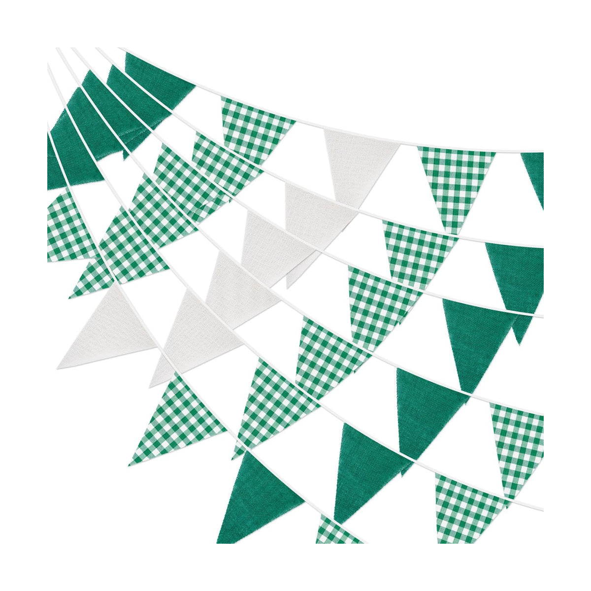 G2PLUS Green and White Gingham Fabric Bunting Banner, 32Ft Cotton Burlap Triangle Garland for Xmas, Wedding Décor, Birthday, Picnic, BBQ, Golf Party & Outdoor Celebrations