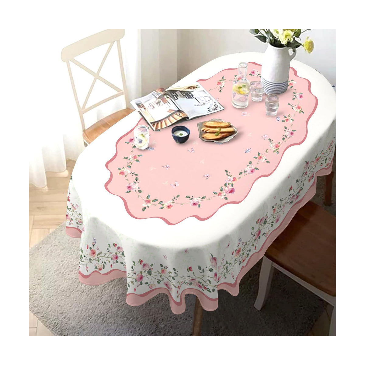 Pink Floral Tablecloth Decoration Tablecloths, Pink Rose Rosette Butterfly Table Covers, Waterproof Table Cover for Dinner Kitchen Party Holiday Decor 60"x 102" Oval