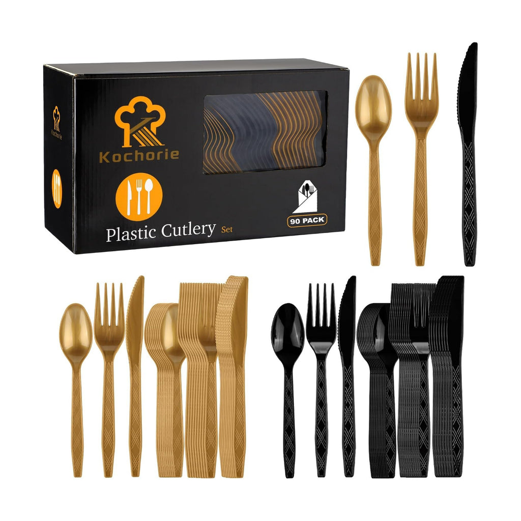 Kochorie 90 Pieces Black and Gold Plastic Cutlery Set